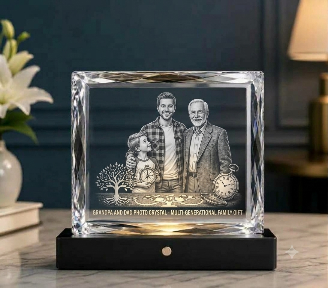 Grandpa and Dad Photo Crystal: Multi-Generational Family Gift