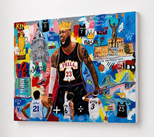 Philly Basketball Canvas Wall Art – Philadelphia Basketball Inspired King James Sports Artwork – Colorful Living room, Office, Game Room, Man Cave Decor, Kids Room