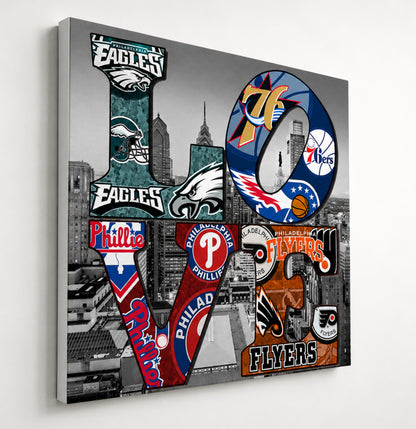 Philadelphia LOVE Sports Canvas Wall Art – Philly Football Basketball Baseball Hockey Inspired City Skyline Sports Decor for Man Cave & Game Room