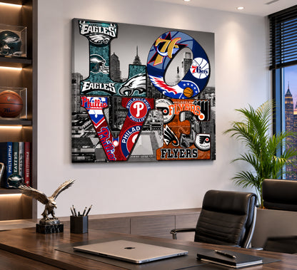 Philadelphia LOVE Sports Canvas Wall Art – Philly Football Basketball Baseball Hockey Inspired City Skyline Sports Decor for Man Cave & Game Room