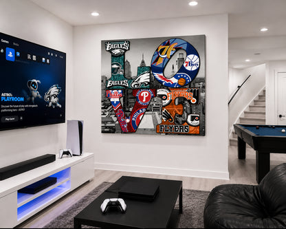 Philadelphia LOVE Sports Canvas Wall Art – Philly Football Basketball Baseball Hockey Inspired City Skyline Sports Decor for Man Cave & Game Room