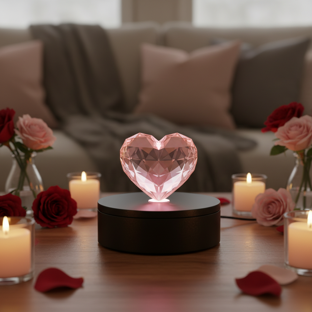 Rotating light base with glowing crystal heart and roses in background