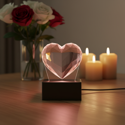 Plastic light base with glowing crystal heart and roses in background